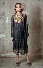 Original Vintage 1970's Black Indian Cotton Boho / Hippie Dress UK 8 - 14