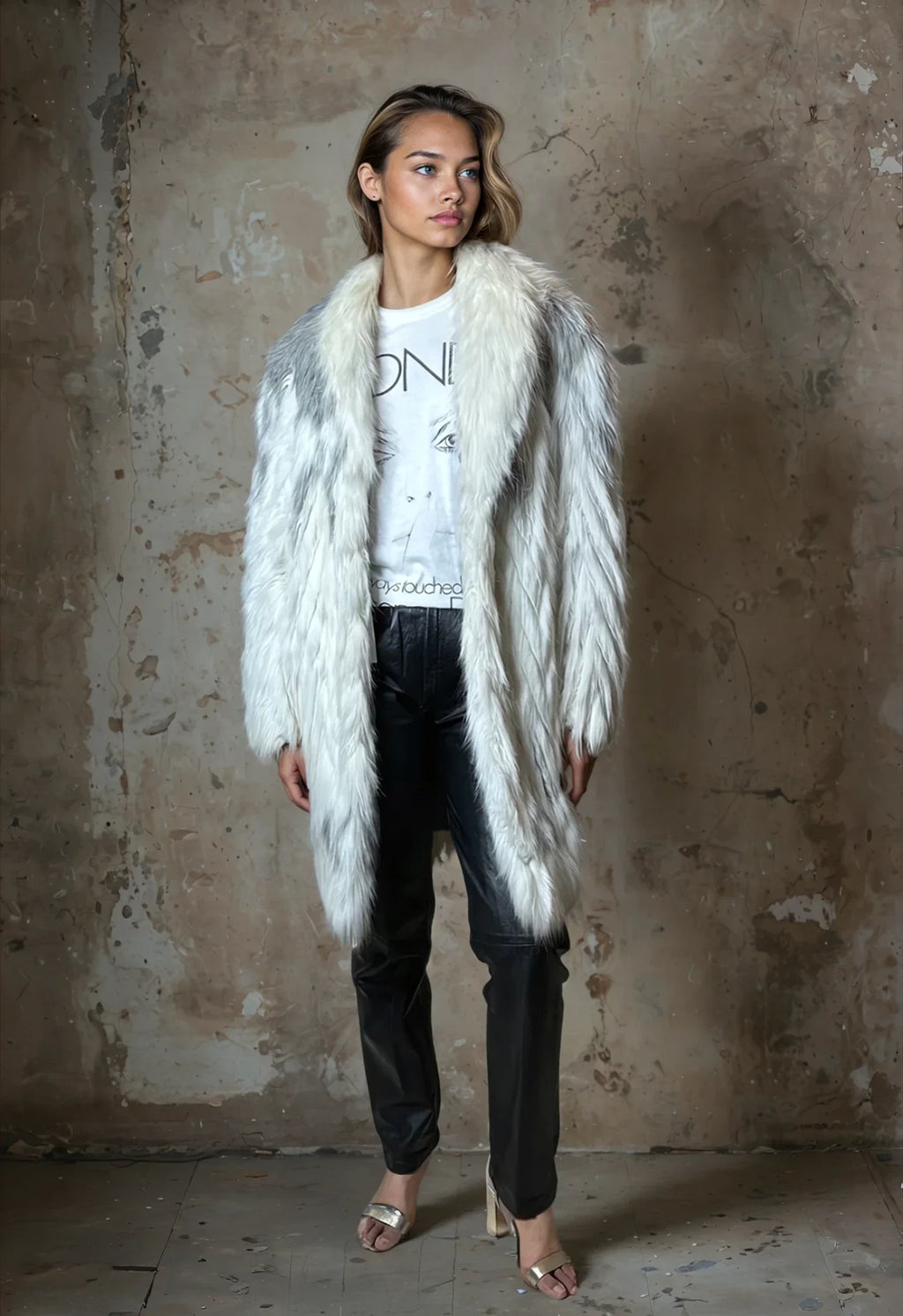 Gorgeous Original Vintage 1970's White / Grey Faux Fur Coat UK 8 - 14
