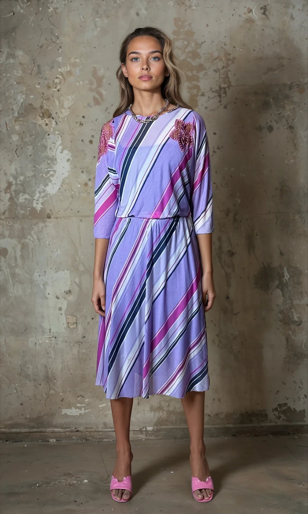Original 1970's Vintage Virginie Paris Purple Slinky Dress UK 8 - 12
