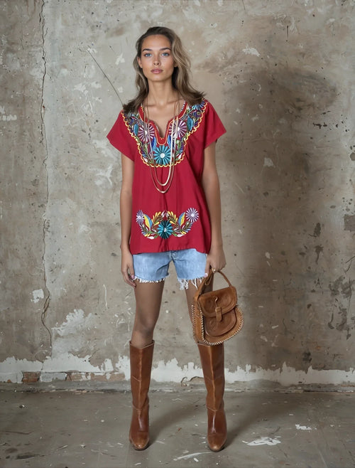 Vintage Red Floral Embroidered Top UK 8 - 12