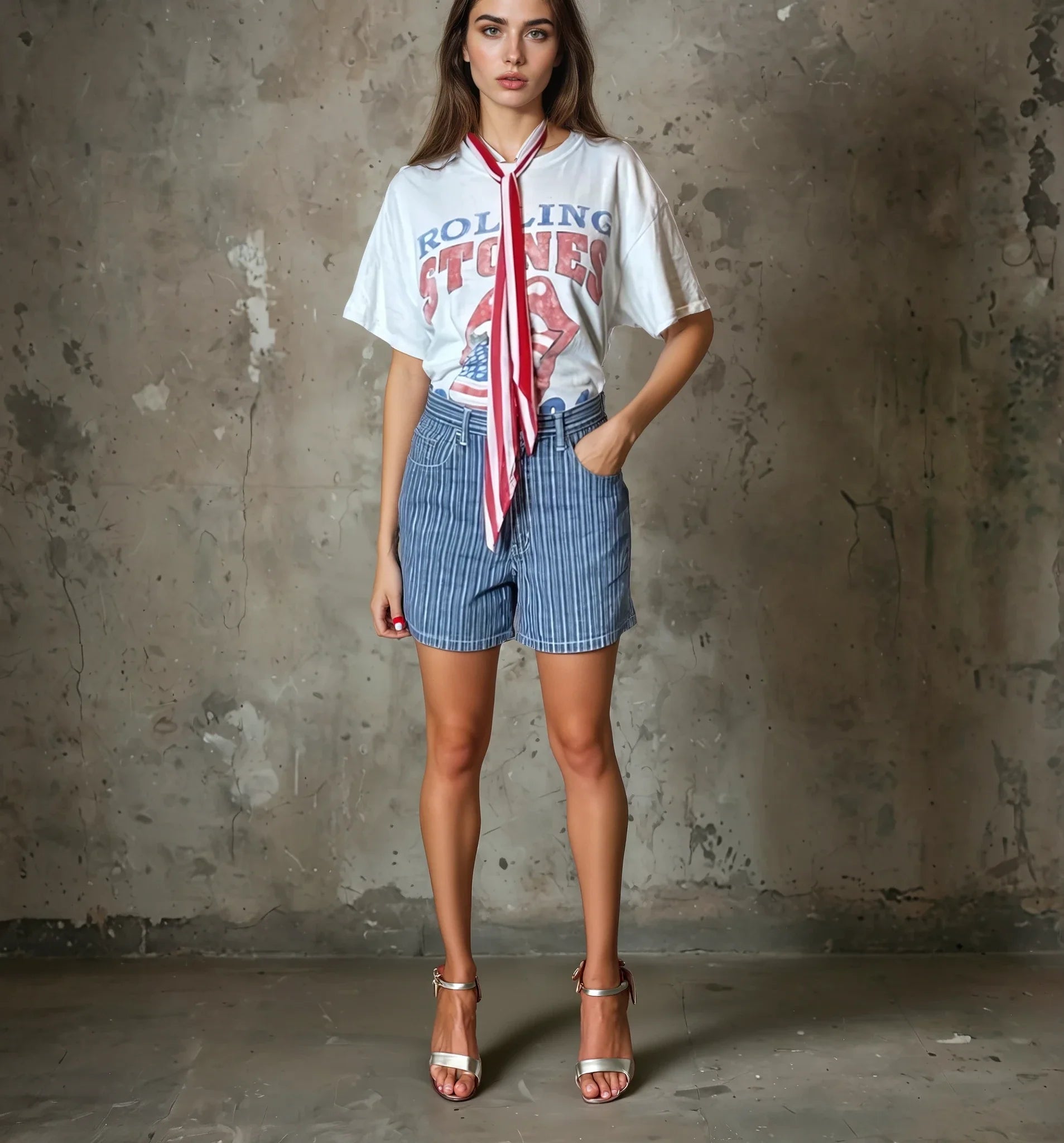 Original Vintage Halston Pin Striped Denim Shorts UK 10