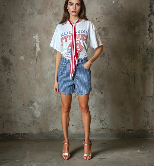 Original Vintage Halston Pin Striped Denim Shorts UK 10