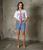 Original Vintage Halston Pin Striped Denim Shorts UK 10