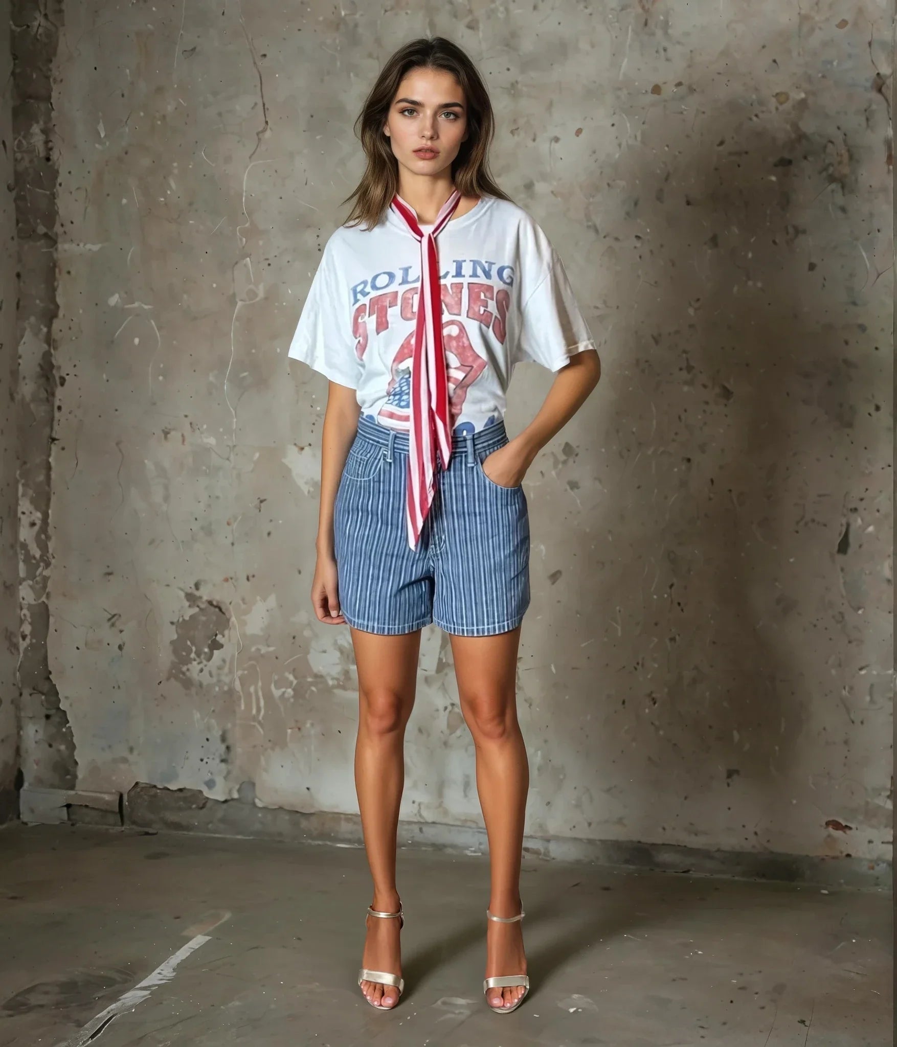 Original Vintage Halston Pin Striped Denim Shorts UK 10