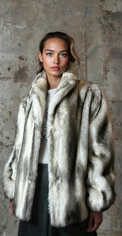 Stunning Original 1970's Vintage White / Black Faux Fur Coat UK 8 - 14