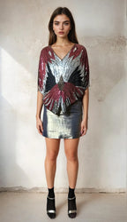 Original Vintage Late 1970's Red / Silver / Black Sequinned Butterfly Top UK 8 - 14
