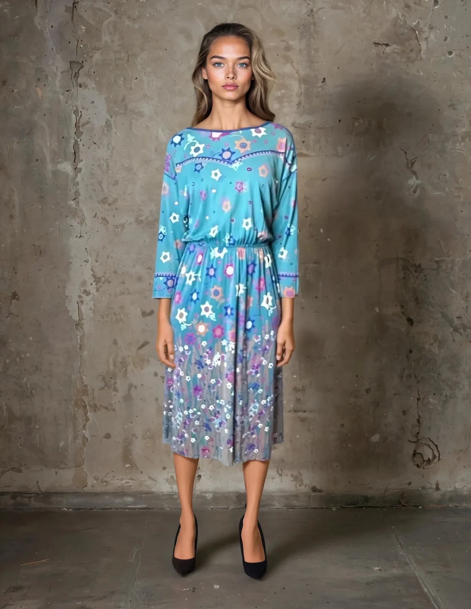 Original Vintage Virginie Paris Turquoise Floral Print Dress UK 8 - 12