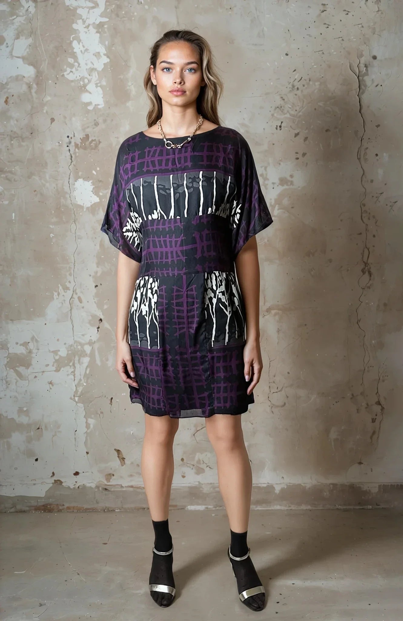 Original 1990's Vintage Purple / Black Dress UK 12 - 14