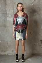 Original Vintage Late 1970's Red / Silver / Black Sequinned Butterfly Top UK 8 - 14