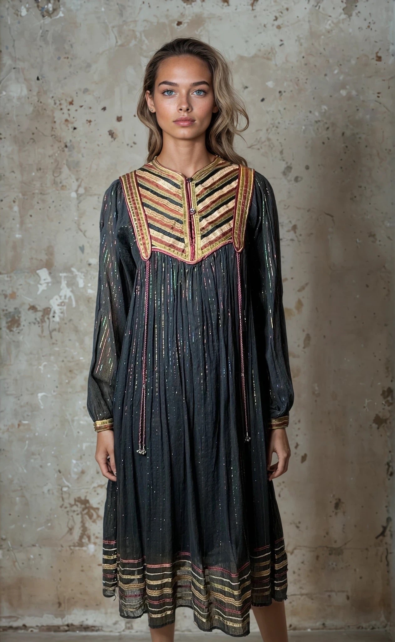 Original Vintage 1970's Black Indian Cotton Boho / Hippie Dress UK 8 - 14 Original Vintage 1970's Black Indian Cotton Boho / Hippie Dress UK 8 - 14