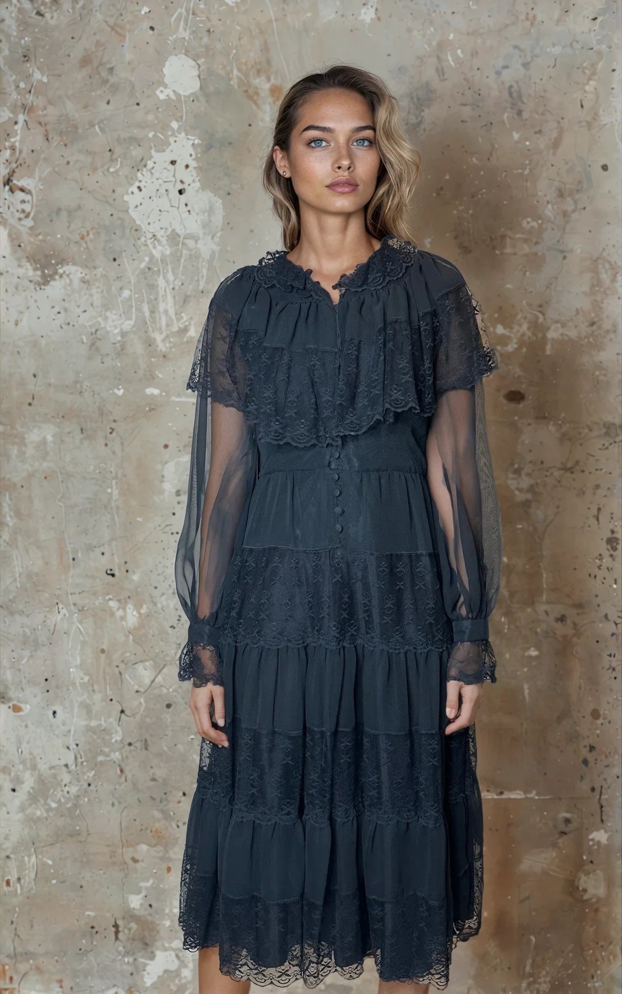 Original 1970's Vintage Black Sheer & Lace Dress UK 12 - 14 Original 1970's Vintage Black Sheer & Lace Dress UK 12 - 14