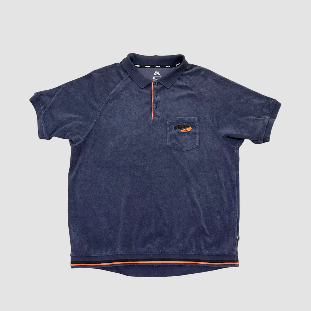 Vintage Nike SB Velour Polo Shirt Navy Blue Large