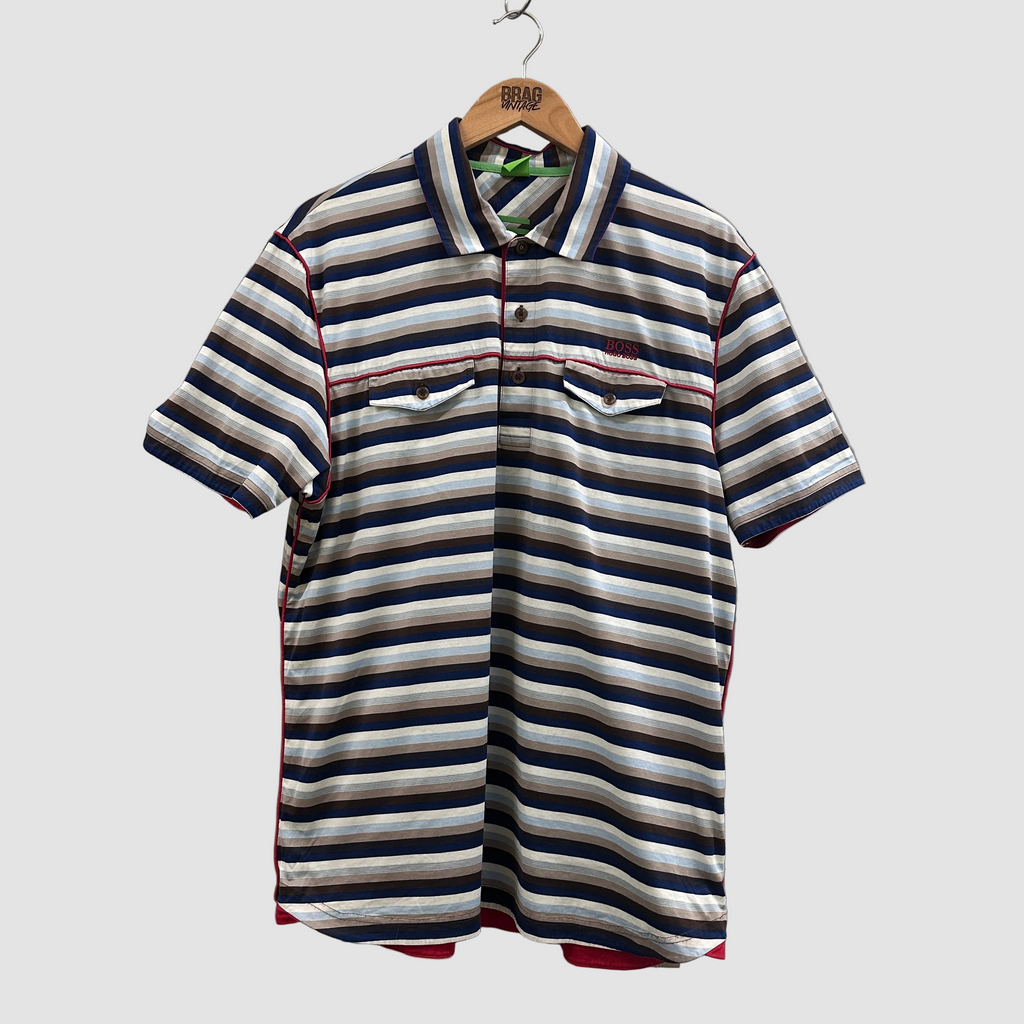 Vintage Boss by Hugo Boss Striped Polo Shirt Navy Blue XXL