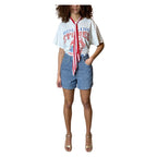 Original Vintage Halston Pin Striped Denim Shorts UK 10