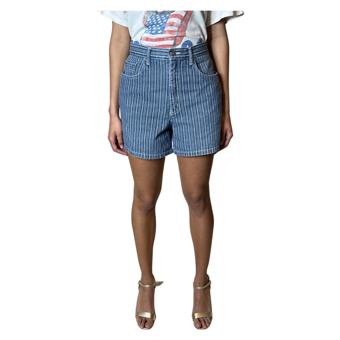 Original Vintage Halston Pin Striped Denim Shorts UK 10