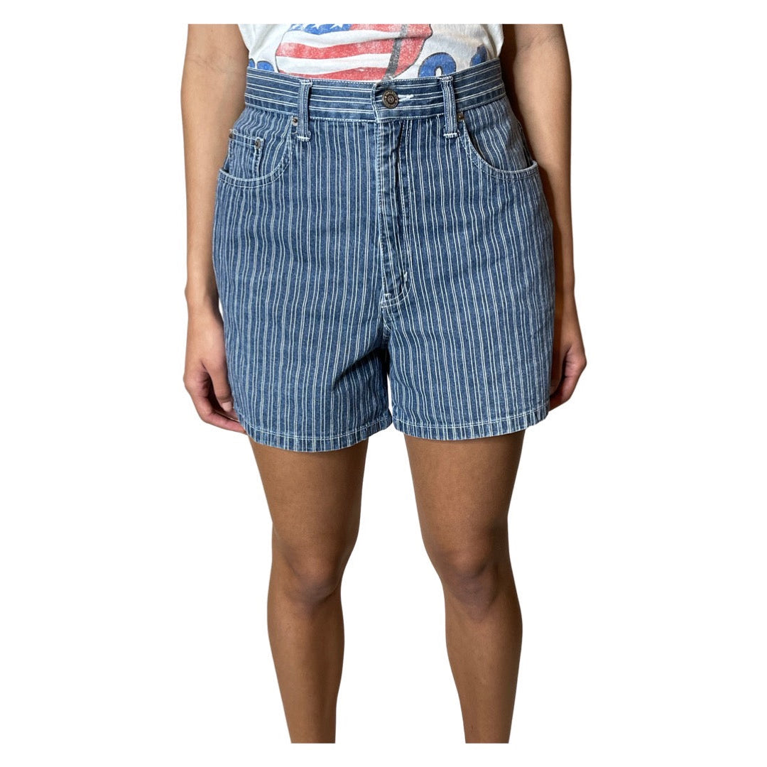 Original Vintage Halston Pin Striped Denim Shorts UK 10