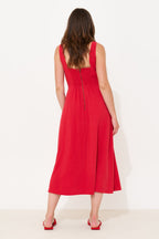Baya Linen Mix Square Neck Midi Dress - Red