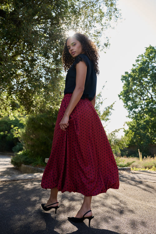 Dixie Spot Print Bubble Hem Midi Skirt - Wine