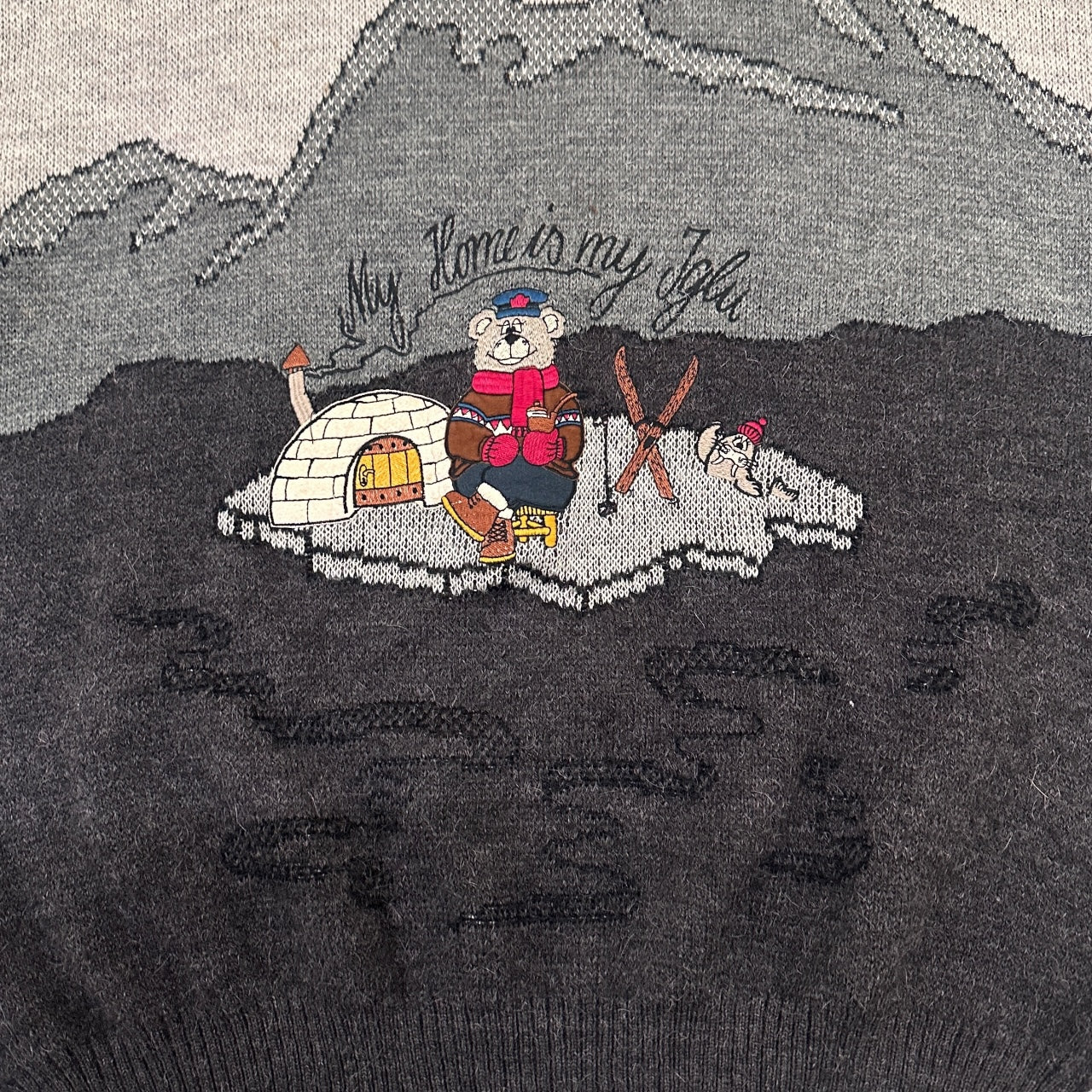 Vintage Jac 'My Home Is My Iglu' Knitted Jumper Grey/Black XL