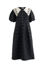 Iris Bow Black Jacquard White Embroidered Collar Midi Dress