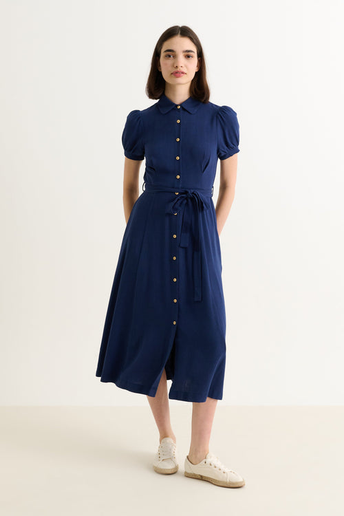 Joselyne Linen Mix Midi Shirt Dress- Navy 16
