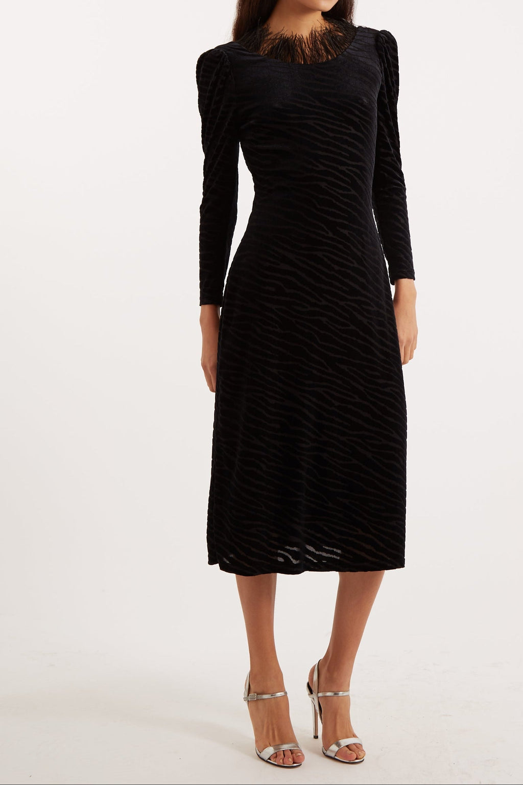 Louche Krystel Zebra Devore Feather Trim Midi Dress Black