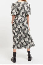 Leonore Flower Patch Balloon Sleeve Midi Dress in Black & White