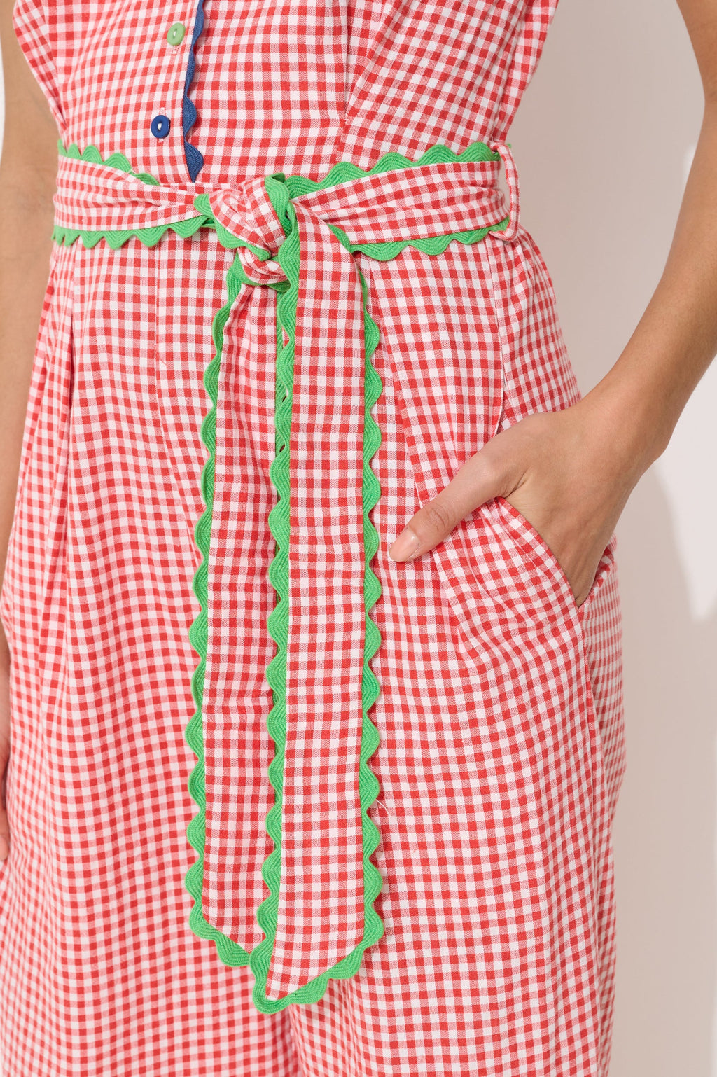 Marleen Gingham Ric Rac Trim Cropped Jumpsuit - Red