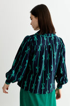 Martta Tie Up Lace Trimmed Collar Blouse - Navy