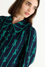 Martta Tie Up Lace Trimmed Collar Blouse - Navy