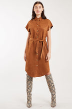Louche Melike Faux Suede Midi Shirt Dress 8 Tan
