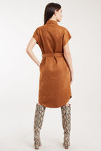 Louche Melike Faux Suede Midi Shirt Dress 10 Tan