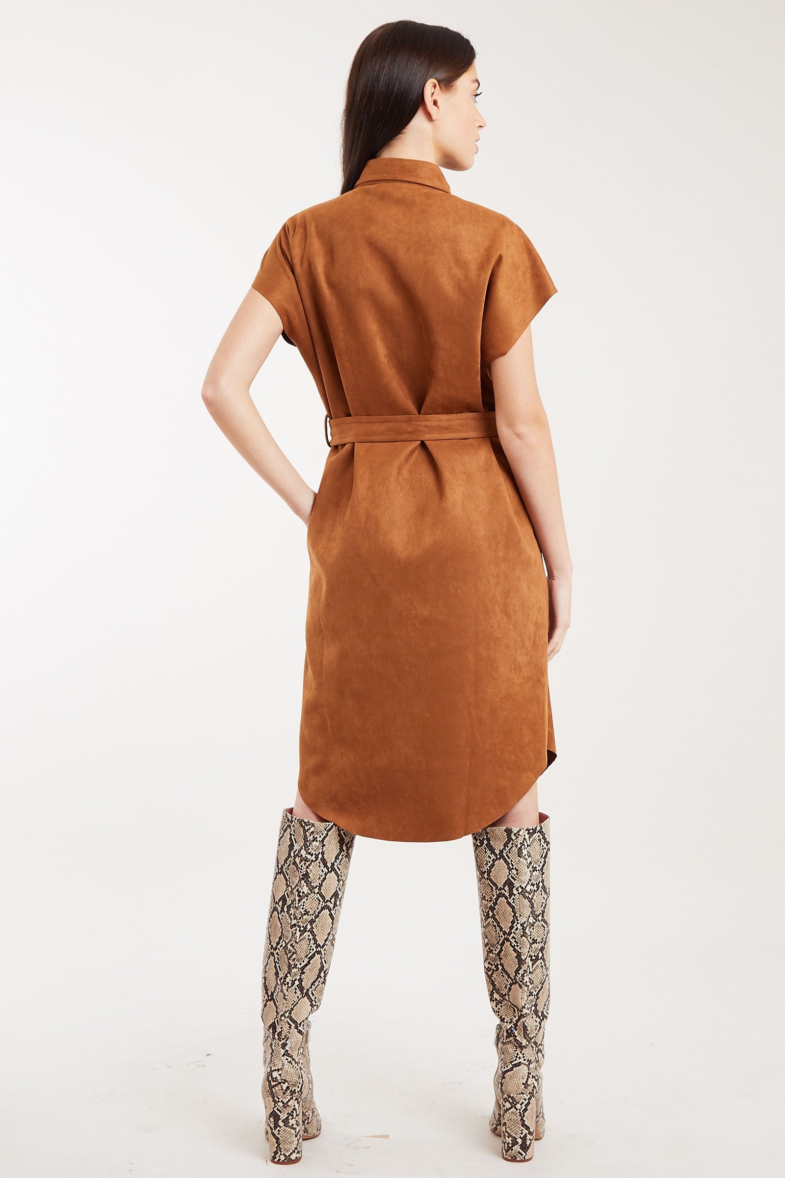 Louche Melike Faux Suede Midi Shirt Dress 10 Tan