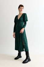 Moa Sustainable Marl Puff Sleeve V Neck Midi Dress - Green