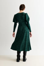 Moa Sustainable Marl Puff Sleeve V Neck Midi Dress - Green