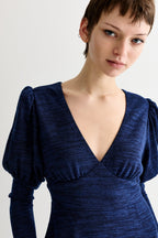 Moa Sustainable Marl Puff Sleeve V Neck Midi Dress - Navy