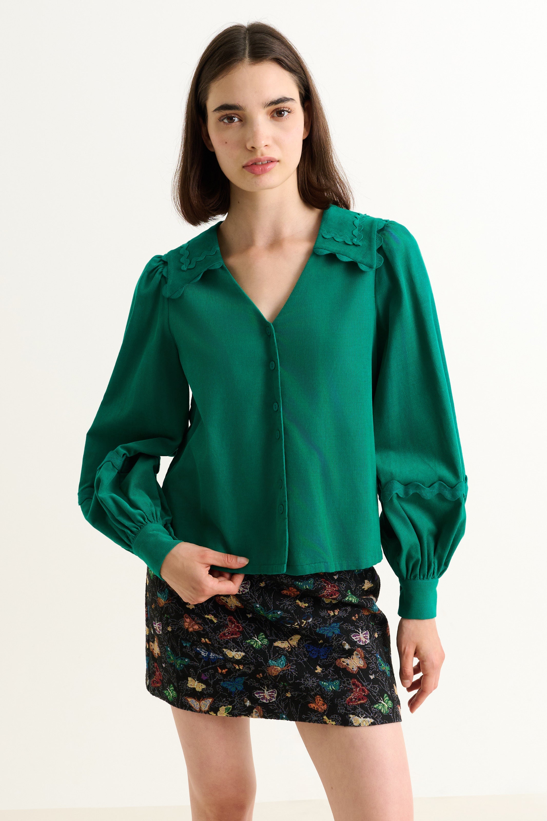 Pallas Babycord Big Collar Ric Rac Trimmed Blouse - Teal