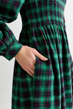 Peppi Winter Check Smocked Bodice Midi Dress - Green