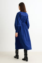 Prudence Babycord Big Collar Ric Rac Trim Midi Dress - Navy