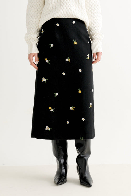 Buffy Daisy Tweed Midi Skirt - Black Black