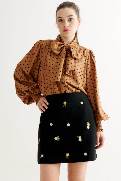 Aubin Daisy Embroidered Tweed A-Line Skirt - Black