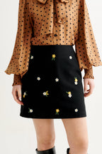 Aubin Daisy Embroidered Tweed A-Line Skirt - Black