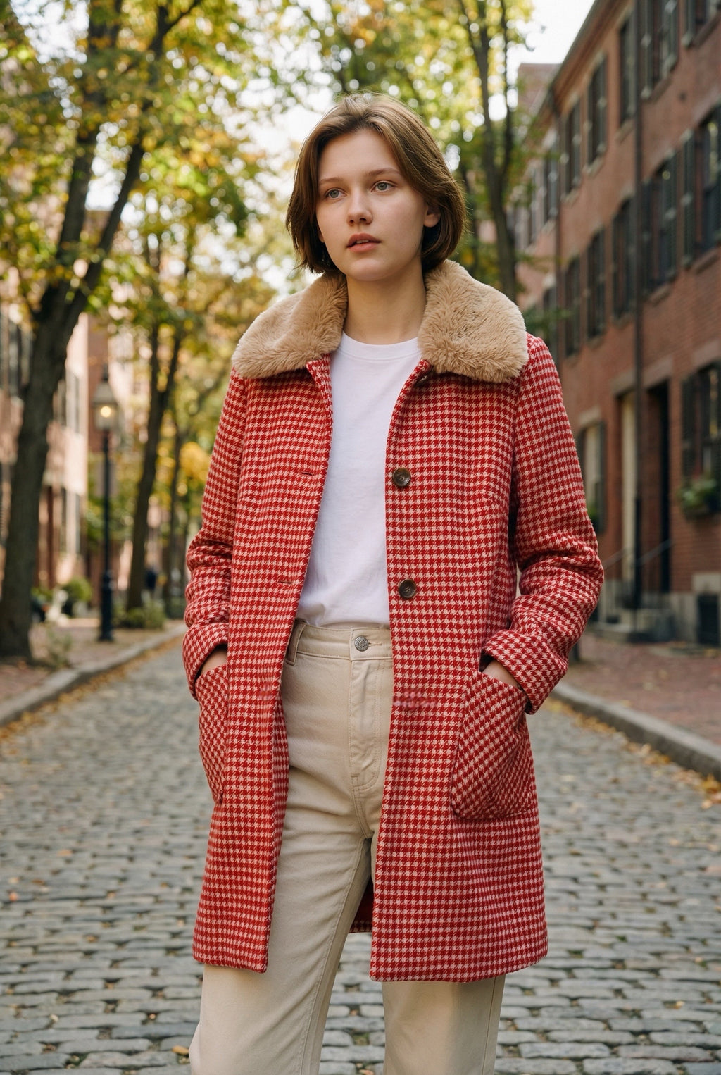 Dryden Herringbone Red And White Collar Coat