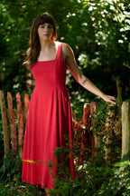 Baya Linen Mix Square Neck Midi Dress - Red