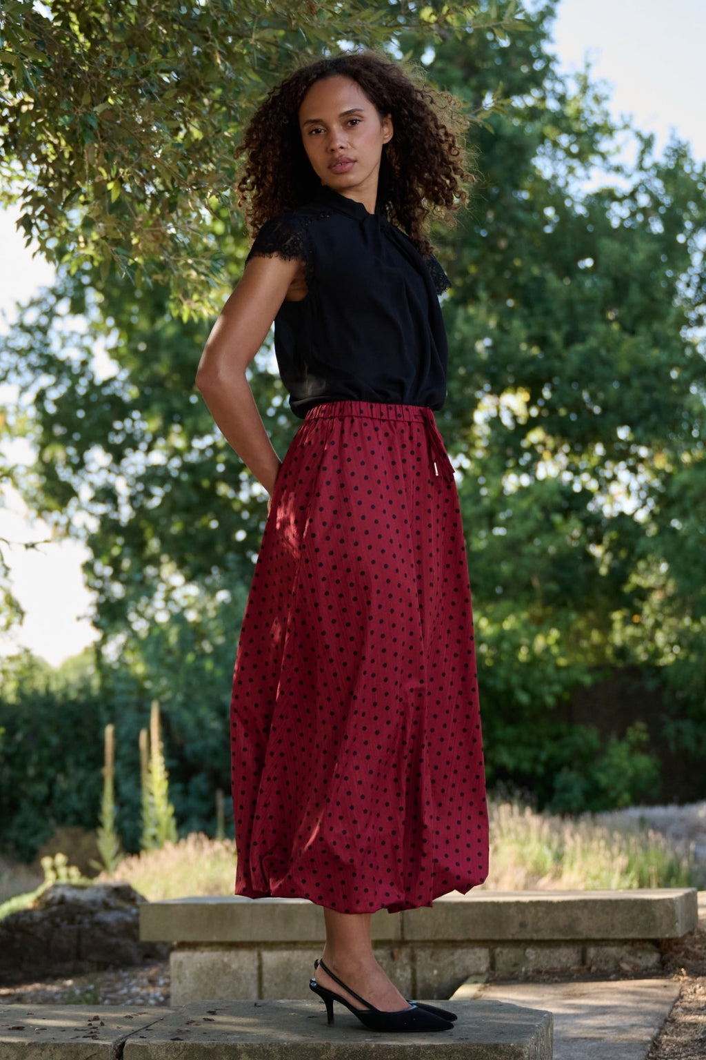 Dixie Spot Print Bubble Hem Midi Skirt - Wine