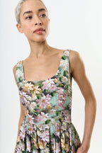 Sherazade 3D Daisy Print Square Neck  Midi Dress - Green