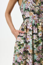 Sherazade 3D Daisy Print Square Neck  Midi Dress - Green