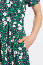 Louche Stasia Roaring Daisy Print V Back Puff Sleeve Midi Dress - Green