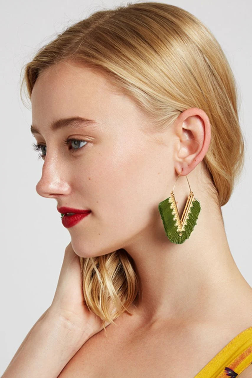 Edna V-Shape Silk Tassel Hoop Earrings - Khaki