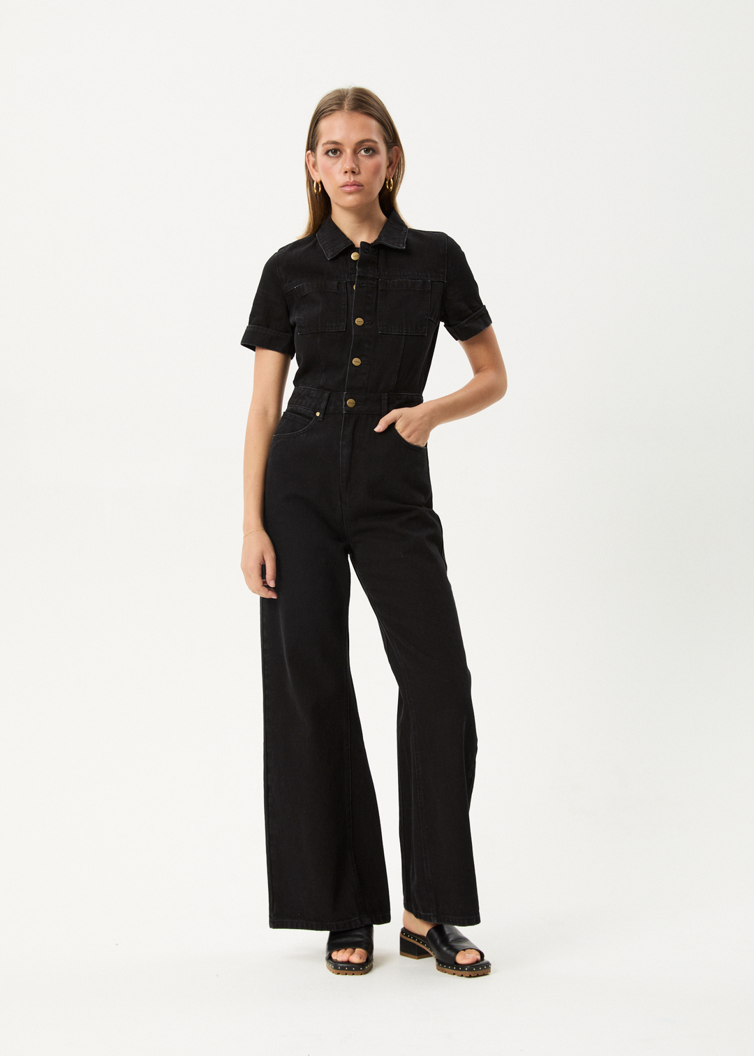Afends Miami- Denim Flared Jumpsuit Washed Black